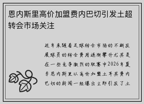 恩内斯里高价加盟费内巴切引发土超转会市场关注